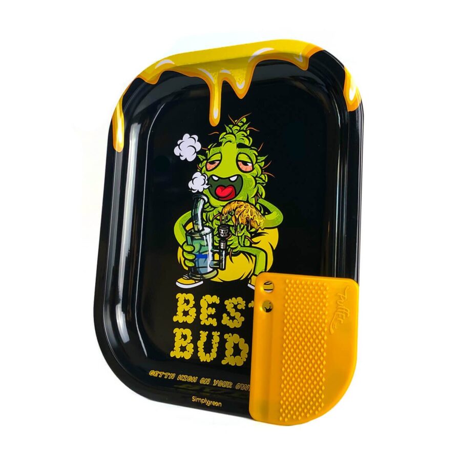 Best Buds Dab-All-Day Small Metal Rolling Tray with Magnetic Grinder Card