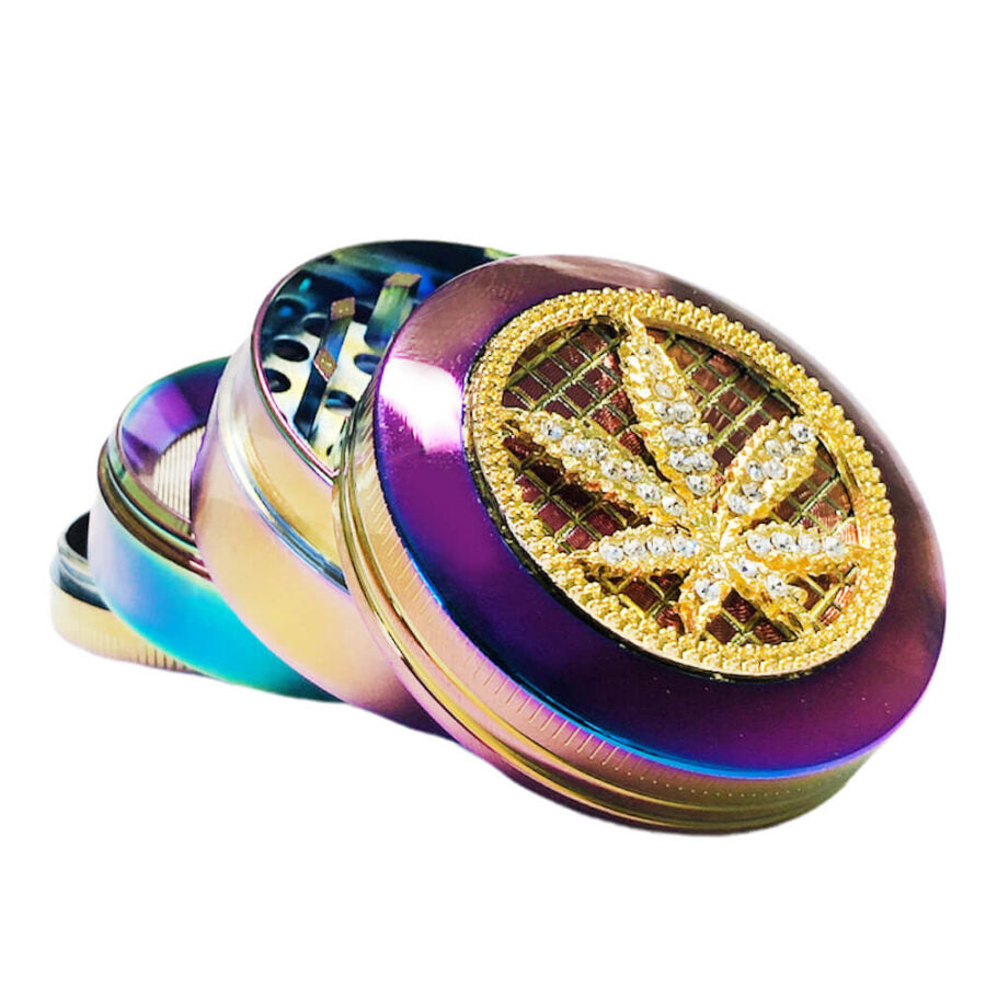 Rainbow Diamond Weed Leaf Metal Grinder 4 Parts